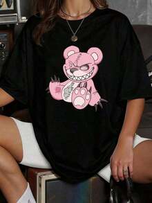 Women's T-Shirt With A Cheeky Smiling Pink Teddy Bear Print. Unique And Bold Graphic Design With Character. Modern Casual Garment, Short Sleeves, Versatile Urban Style. Skin-Friendly - 黑色 - 查看 1