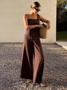 Conjunto de 2 piezas de top con tirantes finos y volantes y pantalones casuales, conjunto de ropa de descanso para mujer para vacaciones de verano - Óxido marrón - Ver 11
