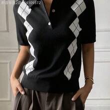 Soqi Women's Clothing  Blusa de punto holgada de estilo casual y de oficina con bloques de color tipo argyle para mujer, ideal para primavera y verano - Negro - Ver 3