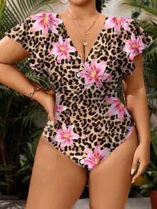 Swim Lushoire Traje de baño de una pieza con mangas plisadas y unicolor para mujer talla grande, verano 2025 - Negro - Ver 1