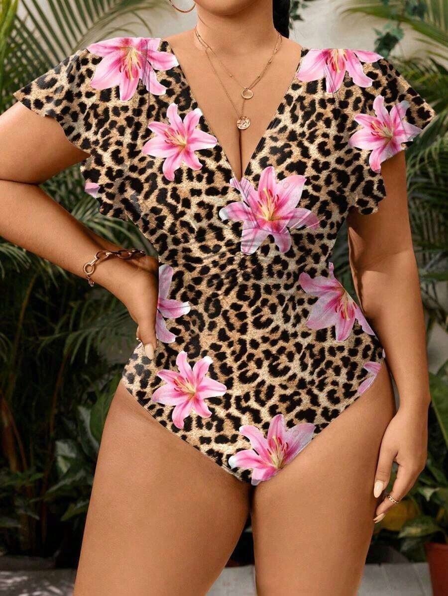 Swim Lushoire Traje de baño de una pieza con mangas plisadas y unicolor para mujer talla grande, verano 2025 - Negro - Ver 1