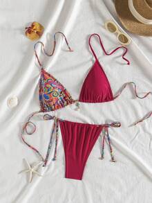 Bộ bikini hở lưng thanh lịch dành cho nữ, áo buộc dây cổ yếm và quần buộc dây bên hông, đồ bơi co giãn cao cấp gợi cảm. - Nhiều màu - Xem 2
