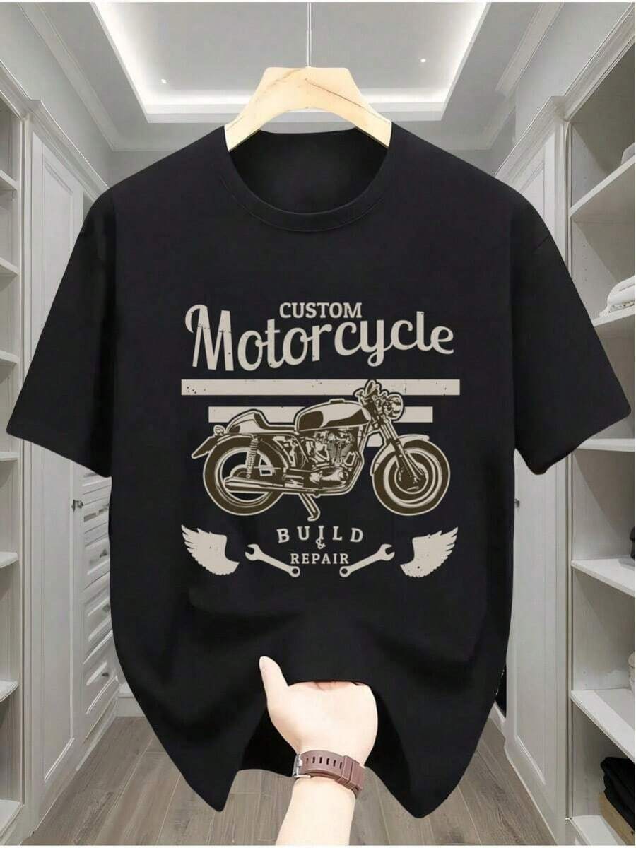Camiseta de hombre, una capa base casual versátil, cómoda camiseta deportiva con un gráfico de la letra MOTOCICLETA - Negro - Ver 1