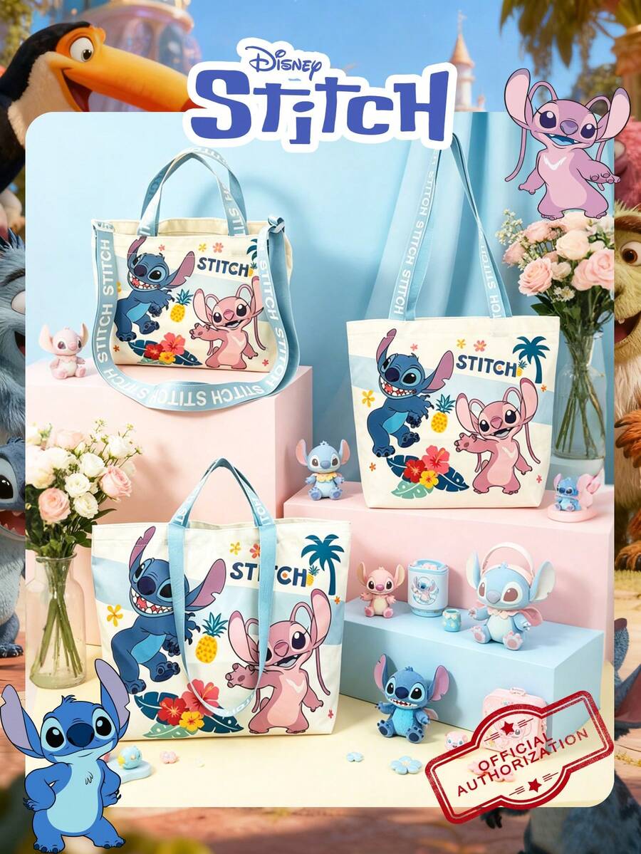 Disney 1個迪士尼官方授權史迪奇印花托特包,大容量可折疊購物袋,輕量肩背包,卡通手提包,S/M/L可選,適合女孩/青少年/女生日常/購物/上學/旅行 - 彩色 - 查看 1