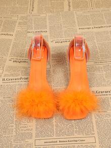 Fashionable Faux Fur Buckle Women's High Heel Sandals, New Summer Open Toe Thin High Heel Ladies' Dress Sandals, Suitable For Business, Party, Wedding, Nightclub - Orange - View 3