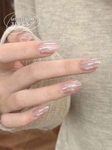 30片短杏仁形簡約優雅純色假指甲組，適用於派對、節日和日常使用，附1片果凍膠和1片指甲銼條 - 彩色 - 查看 2
