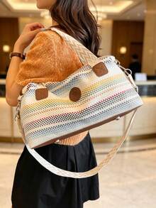 Nueva bolsa de viaje de moda, diseño minimalista de unicolor, PU mate con estilo, adecuada para viajes cortos y fitness, con compartimento independiente para zapatos, gran capacidad, versáti - Champán - Ver 7