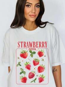 Women's T-Shirt With Tropical Fruit And Strawberry Print, Featuring A Strawberry Design And Strawberry Lifestyle: Casual Short-Sleeved Summer T-Shirt With A Round Neck, Soft And Breathable, White Strawberry Design, Loose And Comfortable For Everyday Wear, Machine Washable, Suitable For The Beach And Strawberry-Themed Clothing - Offers Fun Clothing For Strawberry Lovers - 白色 1 - 查看 1