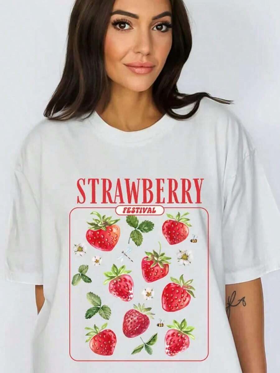 Women's T-Shirt With Tropical Fruit And Strawberry Print, Featuring A Strawberry Design And Strawberry Lifestyle: Casual Short-Sleeved Summer T-Shirt With A Round Neck, Soft And Breathable, White Strawberry Design, Loose And Comfortable For Everyday Wear, Machine Washable, Suitable For The Beach And Strawberry-Themed Clothing - Offers Fun Clothing For Strawberry Lovers - 白色 1 - 查看 1