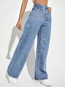 Jeans de talle alto de pierna ancha - Celeste - Ver 3