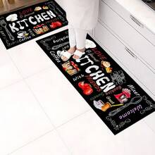1 pieza Alfombra de piso con estampado de patrón de cocina, alfombra de cocina de gel de sílice, alfombra de cocina, alfombra, fácil de limpiar, impresa en forma rectangular, adecuada para sala de estar, dormitorio, pasillo, baño, lavandería - Alfombra de poliéster, adecuada para decoración del hogar interior y exterior - Multicolor - Ver 1