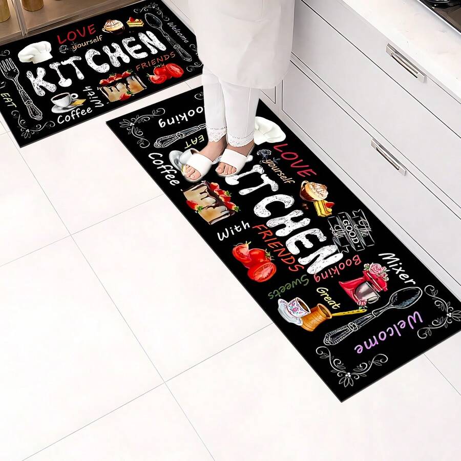 1 pieza Alfombra de piso con estampado de patrón de cocina, alfombra de cocina de gel de sílice, alfombra de cocina, alfombra, fácil de limpiar, impresa en forma rectangular, adecuada para sala de estar, dormitorio, pasillo, baño, lavandería - Alfombra de poliéster, adecuada para decoración del hogar interior y exterior - Multicolor - Ver 1