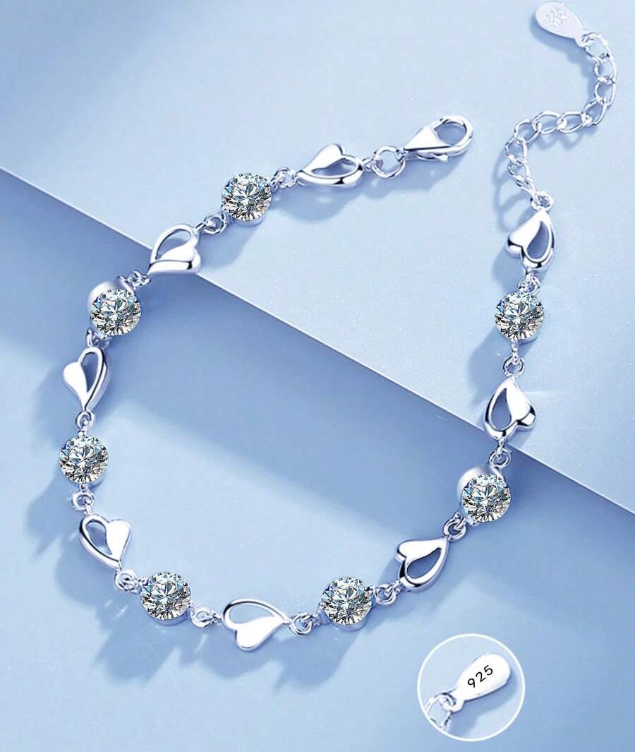 Korean Sterling Silver 925 Heart Shaped Crystal Necklace And Bracelet Set For Women, Vintage Party Jewelry, High-End Gift. - 白色手鐲 - 查看 1
