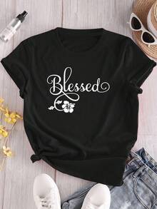 The "Blessed" Letter Print T-Shirt Is Stylish And Versatile, Suitable For All Skin Tones, And Can Be Worn For Everyday Wear As Well As Special Occasions. - Black - View 6