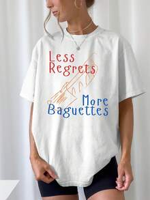 Women's T-Shirt: Less Regret, More Baguette! This T-Shirt Features A Baguette Design And Playful Text, Adding A Touch Of Humor And Joy To Your Vacation Life. Effortlessly Embrace A Relaxed Holiday Style And Discover The Vibrant Colors Of Summer. - 白色 - 查看 1