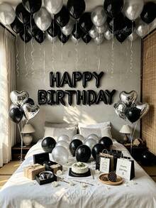 Kit de arco de globos negro y plateado de 11/60/65 piezas con 500 pétalos de rosa blanca, letras de lámina Happy Birthday de 16", globo de lámina en forma de corazón de 18", globos de látex de 10" para fiesta de cumpleaños, aniversario, decoración romántica, sorpresa de hotel y fondo de fotomatón - Negro y plata - Ver 8