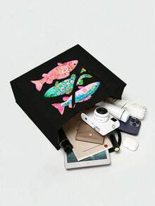 Colorful Fish Pattern Canvas Tote Bag And Wristlet Pouch Set, Reusable Beach Tote Bag With Matching Cosmetic Bag, Ocean Theme Fish Pattern Tote Bag With Black Handle - Multicolor - View 9