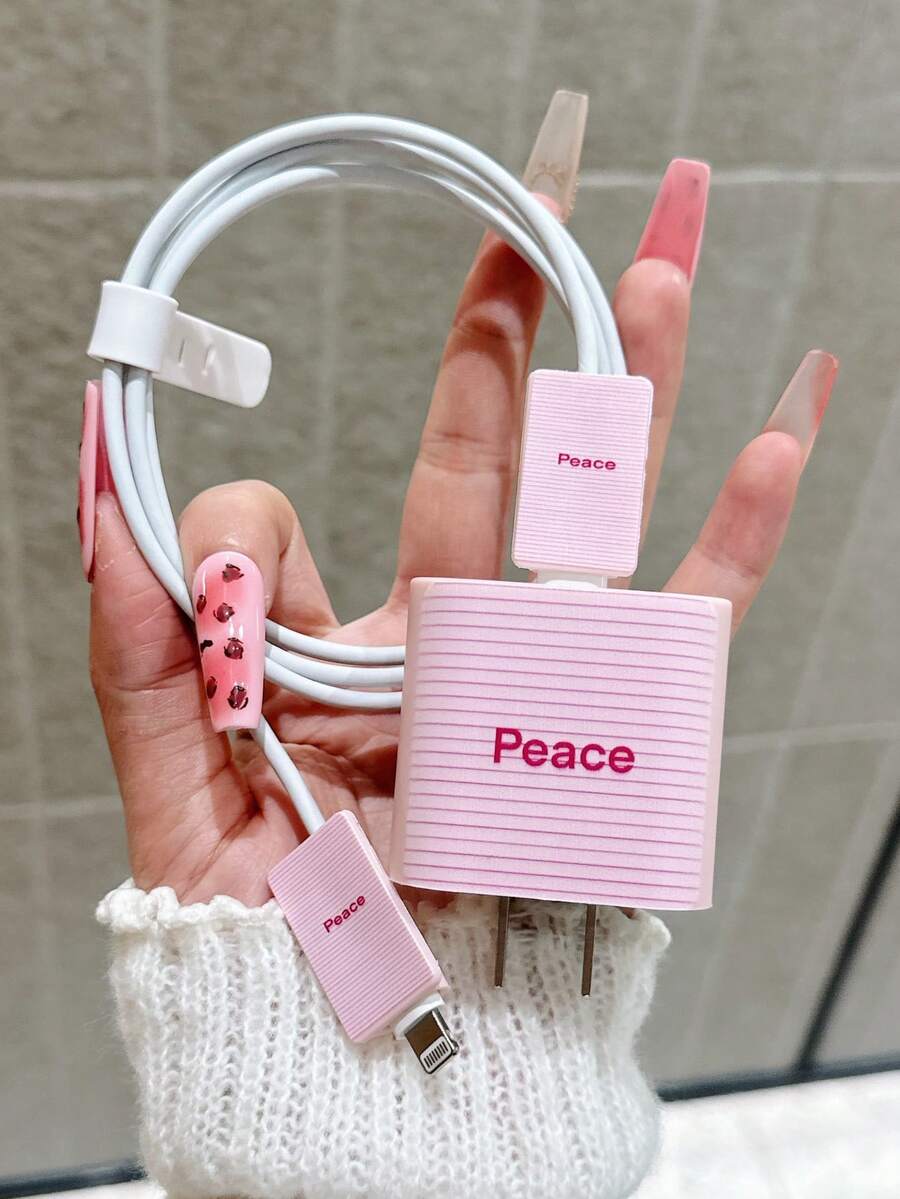Pink Striped + "Peace" Text Pattern Minimalist Apple Charger Protector Case, Suitable For 20W 15 Charger Cable, 16 Pro Max Phone Data Cable, 13/14 Plus Protective Cover, Anti-Bending, Anti-Chew - Multicolor - View 1