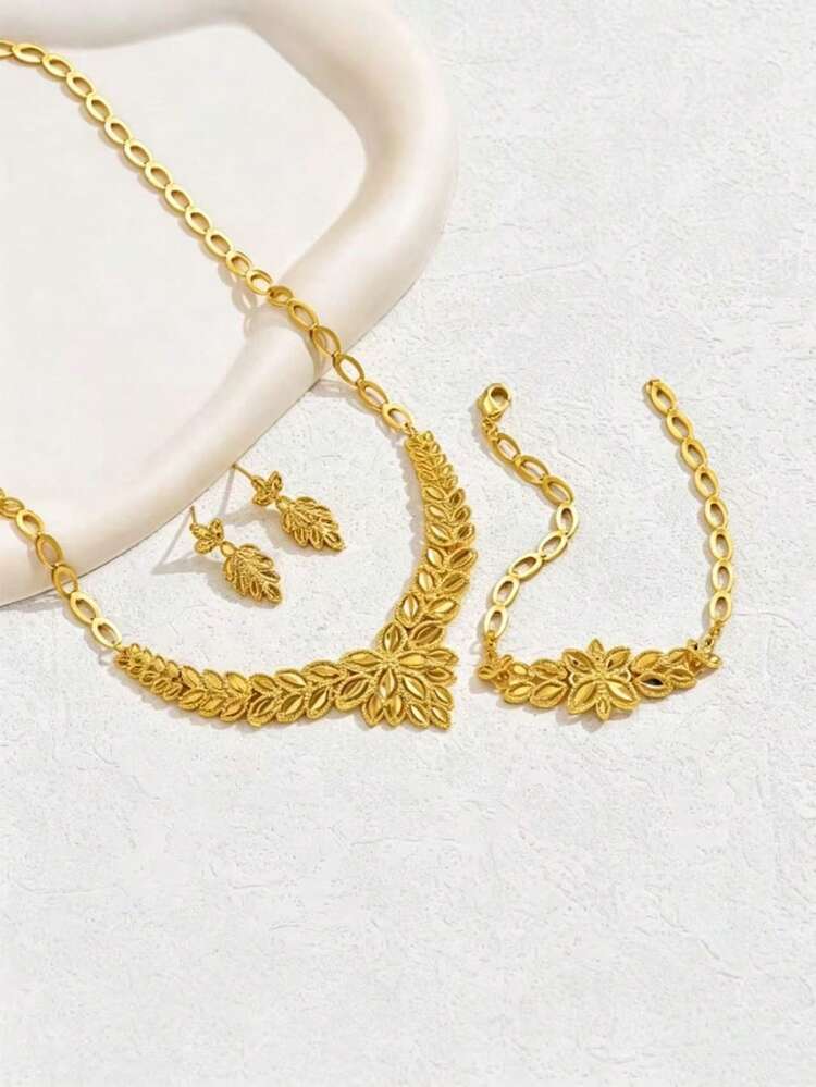 4Pcs Bridal Jewelry Set Necklace Earrings Ring Bracelet For Wedding Party Gorgeous Vintage European And American Style Exquisite Hollow Flower Feather Ruffled Necklace Earrings Bracelet Set Bride Women's Daily Banquet Attire - Yellow Gold - View 7
