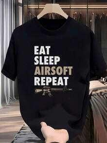 Men's Casual Graphic T-Shirt - "Eat Sleep Airsoft Repeat" Slogan And Airsoft Gun Design, Black With White And Gold Print, Breathable Summer T-Shirt, Regular Fit Crew Neck, Machine Washable, Ideal Gift For Airsoft Enthusiasts, Comfortable Fit T-Shirt - 黑色 - 查看 11