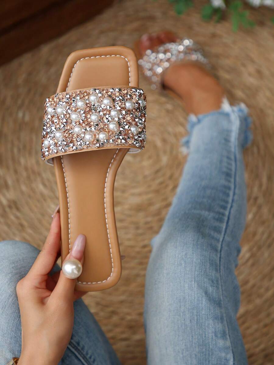 Sandalias planas de lujo para mujer Primavera/Otoño 2024, tacón bajo antideslizante, talla grande, con strass, chanclas versátiles - Albaricoque - Ver 1