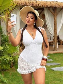 Swim Vcay Vestido de traje de baño con cuello en V profundo, drapeado y cintura ceñida para mujer de talla grande - Blanco - Ver 1