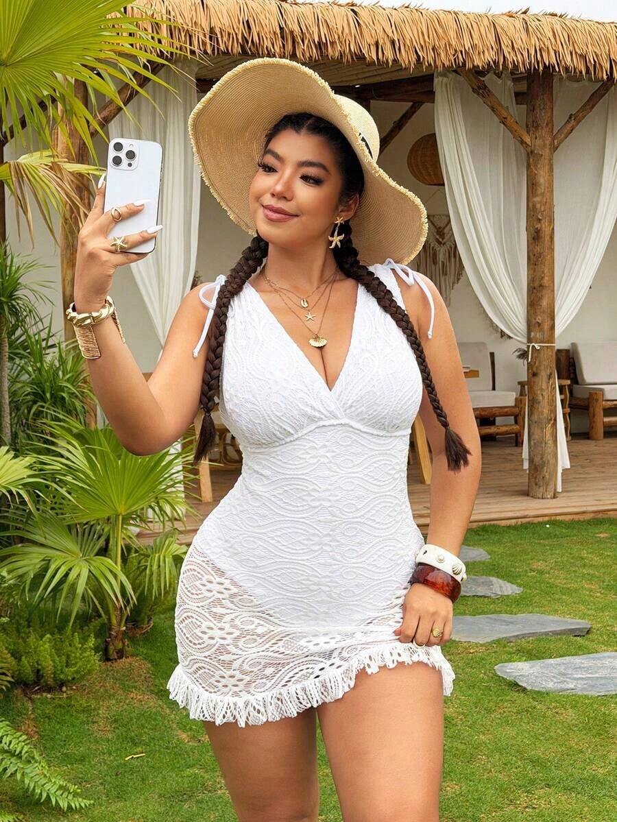 Swim Vcay Vestido de traje de baño con cuello en V profundo, drapeado y cintura ceñida para mujer de talla grande - Blanco - Ver 1