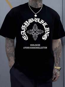Gothic Cross With Large Letters Surrounding The Symbol, Recalling Inner Strength, Faith, And Unity Of Spirit, Expressed In A Modern Urban Style. Comfortable Men's T-Shirts For Everyday Wear And Casual Occasions. - 黑色 - 查看 1