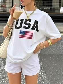 Mexican Basic Crew Neck T-Shirt With Distressed Vintage American Flag Graphic - Retro Campus Style Street Essential | Distorted White Text And Faded Flag Details Create A Cool, Casual Patriotic Vibe | A Must-Have For Game Day, Independence Day, And Summer Vacation Outfits. Black. New Launch - 白色 - 查看 2