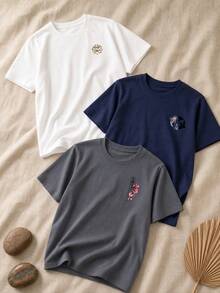 3pcs/Set Kaos Kasual Regular Fit Motif Ikan Koi Jepang & Pedang Samurai untuk Wanita Musim Panas - MultiWarna - View 2