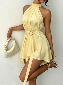 Women's Summer Dress, Yellow Fashionable Women's Clothing Belt 2-Way Wear Halter Neck Backless A-Line Elegant Mini Dress, Women's Outfit Graduation Ceremony Short Dress - Yellow - View 2