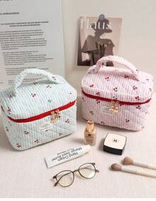 Bolsa de cosméticos acolchada con estampado de cerezas rojas, estilo coreano, a rayas tricolor, versátil y sencilla, para guardar objetos, para viajes. - Bolso octogonal rosa - Ver 7