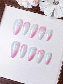 10 Pieces Of Handmade Almond Nail Polish In Pink, Green, And White With Mixed Shading, Textured Tips, And A Pointed Shape. Simple Design, Vibrant Colors. Summer Item. Quickly Wearable And Removable; Press-On False Nails. - Multicolor - View 12