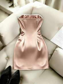 Vestido midi con corpiño de satén color champán, atuendo festivo, vestido de resort para mujer, vestido de fiesta para mujer, atuendo para exteriores, vestido color albaricoque - Champán - Ver 2