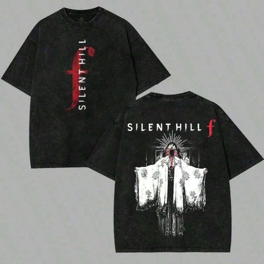 Silent Hill F Art Ghost Horror Game T-Shirt, 100% Cotton, Double-Sided Print, Unisex, Game And Movie Graphic Design, Gamer T-Shirt, Urban Style, Anti-UV, For Men - Black - View 1