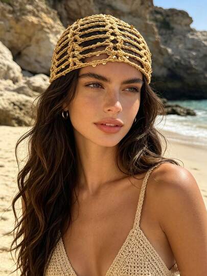 1pc Fashionable Bohemian Sequin Hollow-Out Knitted Hat, Women Decorative Cap
