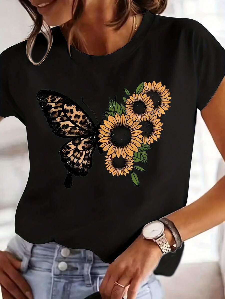 Women's Elegant Retro Short Sleeve T-Shirt - Leopard, Sunflower, And Butterfly Print, Round Neck, Sizes S-XXL, Casual And Elegant Clothing For Spring, Summer, And Autumn, Machine Washable, Vintage Style, Ideal For Holidays And Everyday Wear - 黑色 - 查看 1