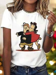Women's Y2K Style Elegant Cartoon Print T-Shirt, Short Sleeve, Round Neck, Casual Top, Suitable For All Seasons | Fashionable Casual Clothing | Fashionable Letter Print Loose Blouse - 白色 - 查看 1