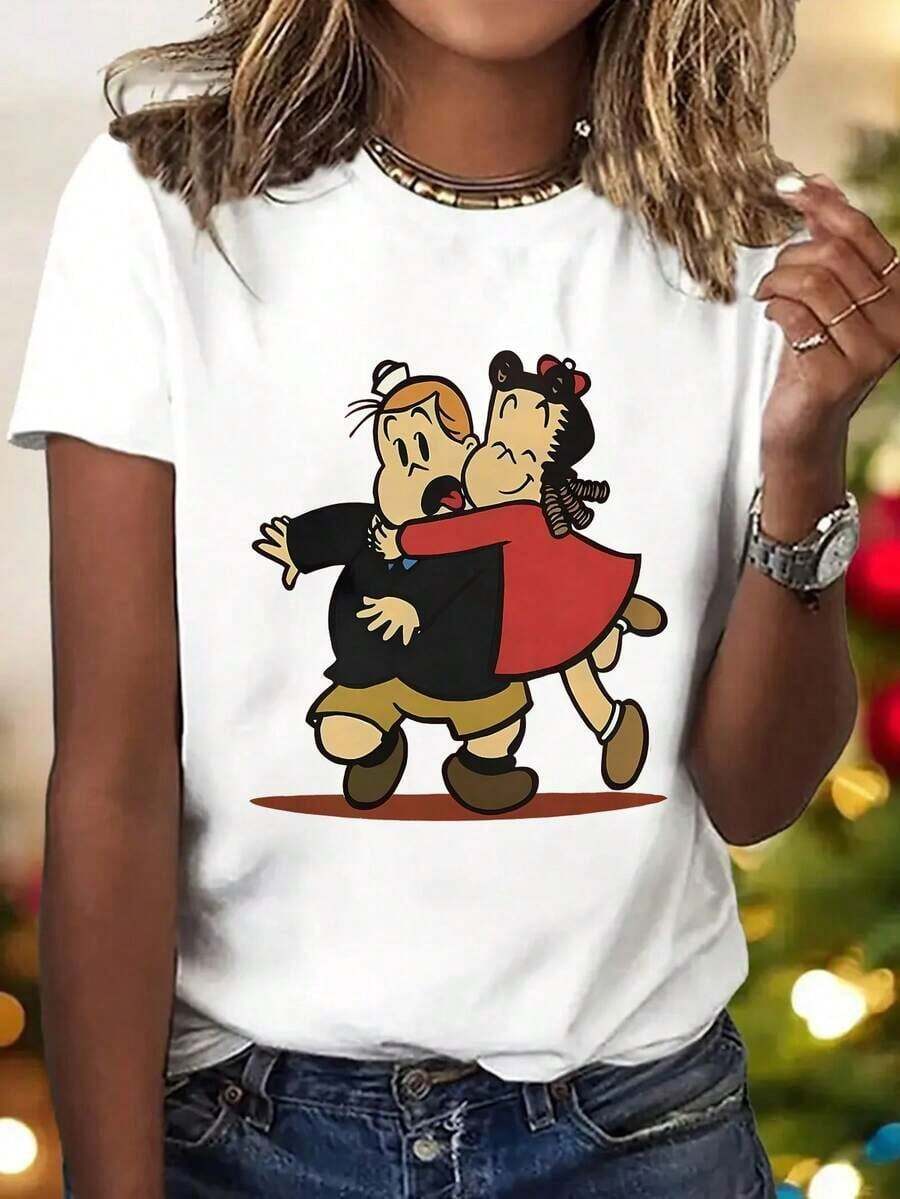 Women's Y2K Style Elegant Cartoon Print T-Shirt, Short Sleeve, Round Neck, Casual Top, Suitable For All Seasons | Fashionable Casual Clothing | Fashionable Letter Print Loose Blouse - 白色 - 查看 1