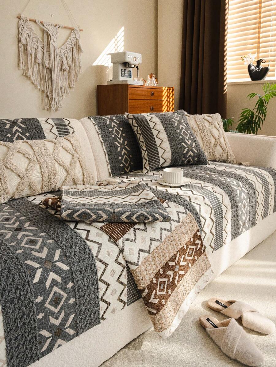 1pc Bohemian Style Sofa Cover, Multi-Color Design Sofa Cushion For All Seasons, Protect Sofa From Cat Scratching, Pet-Friendly Sofa Pad, Suitable For 1-Seater, 2-Seater, 3-Seater, 4-Seater Sofa - Grey - View 1