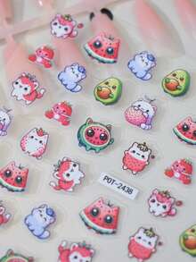 1pc Fruit Cat Nail Stickers, Self-Adhesive One-Time Embossed Nail Art Decals, Cute Soft Design Nail Stickers Suitable For Daily & Date, Adorable Pattern Easy To Apply & Durable - Multicolor - View 3