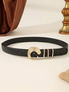 1pc French Quilted Diamond PU Women's Belt, Wavy C-Shaped Gold Buckle, Luxury Style Accessory For Suits And Dresses - Black - View 4