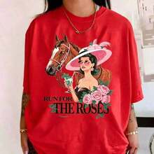 Run For The Roses Kentucky Derby T-Shirt, Vintage Derby Day T-Shirt, Horse Racing Party Outfit, Ladies Derby Hat Top, Y2K Graphic Print Short Sleeve T-Shirt For Women, Casual Streetwear Tops, Summer Short Sleeve Tops, Stylish Women's T-Shirts, Comfortable - 紅色 - 查看 5