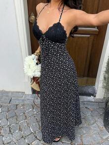 Women's Navy Blue Polka Dot Maxi Dress, V-Neck Halter Backless Lace Trim, Fitted Waist, Elegant For Summer Holidays, Wedding Guest And Everyday Wear - 黑色 - 查看 7