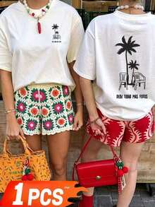 Loose-Fitting 100% Cotton T-Shirt With Palm Tree Print, Casual For Summer Vacations. - White - View 2