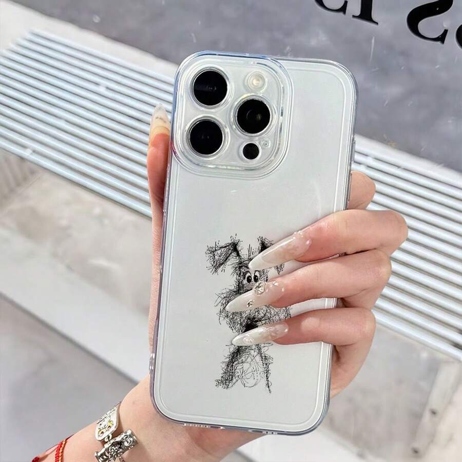 Phone Case: Transparent Case With Minimalist Cartoon Dog Design With Hand-Painted Angel Eye, Anti-Yellowing, Angel Eye Design, Precision Lens Cutouts, Full Body Drop Protection With Scratch Resistance, Skin-Friendly - 無色 - 查看 1