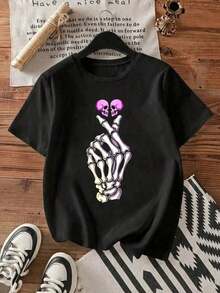 Women's Black T-Shirt With Neon Pink Skeleton Hand Graphic, Casual Short Sleeve Rock And Gothic Aesthetic Style Tee, Modern Cotton Top With Rebel Gesture Design,  Youth Blouse For Concerts And Alternative Streetwear Outfits - 黑色 - 查看 5