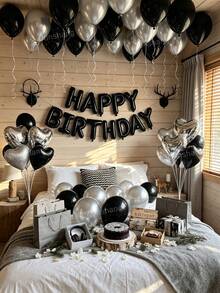 Kit de arco de globos negro y plateado de 11/60/65 piezas con 500 pétalos de rosa blanca, letras de lámina Happy Birthday de 16", globo de lámina en forma de corazón de 18", globos de látex de 10" para fiesta de cumpleaños, aniversario, decoración romántica, sorpresa de hotel y fondo de fotomatón - Negro y plata - Ver 10