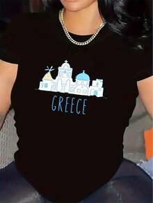 Greek Design T-Shirt | Lightweight And Durable, Suitable For Outdoor Activities, Beachwear, Casual Wear, With A Comfortable Fit And Bright Prints, Perfect For Summer Vacation And Everyday Wear, Round Neck, Medium Stretch Fabric. - 黑色 - 查看 1