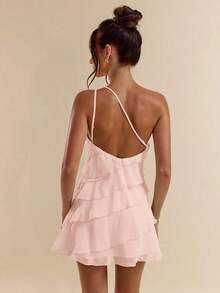 Solid Apricot Mini Dress With Lotus Leaf Overlay Suitable For Daily Dates, Nights Out, Nightclubs, Parties, Meetings, Cocktail Parties, Pool Parties, HAL2 - Old Rose - View 1